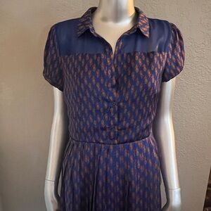 Vintage Pleated Elegant Blue and Orange Patterned Dress